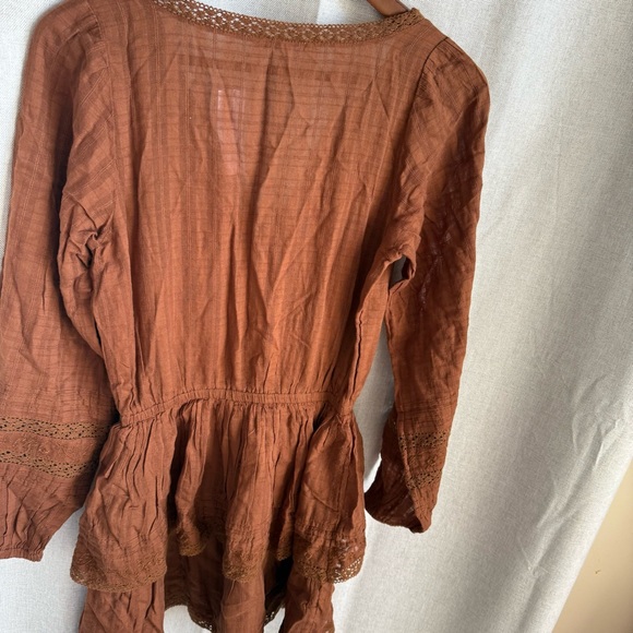 American Eagle Women's Brown Embroidered Wrap Front Mini Dress Boho Ruffle NWT - Picture 4 of 7